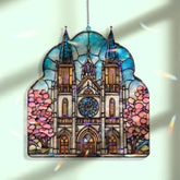 Cathedral Acrylic Suncatcher, Stained Glass Style Church Window Panel with Blue Sky and Pink Blossoms, Christian Religious Home Decor